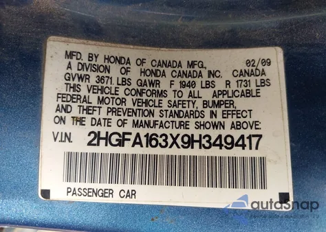 2009 Honda Civic Vp z USA, uszkodzony, nr VIN 2HGFA163X9H349417
